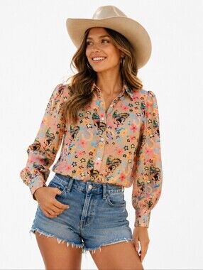 Turquoise Haven Western Cowboy Blouse Women’s Small Floral Horse Print Rodeo